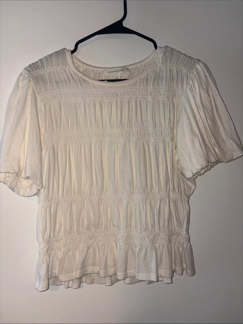 Treasure & Bond Cream Smocked Short Sleeve Blouse